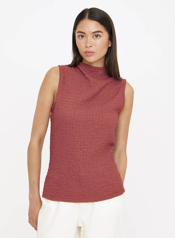 Dark Red Sleeveless Crinkle High Neck Top 10